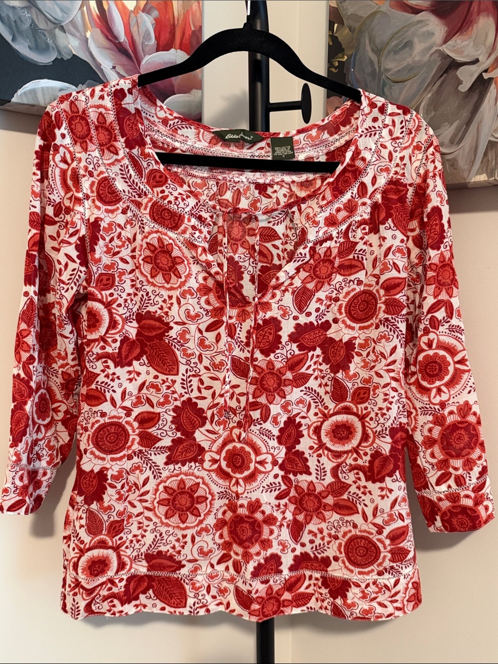 Eddie Bauer White Blouse with Red Floral Pattern